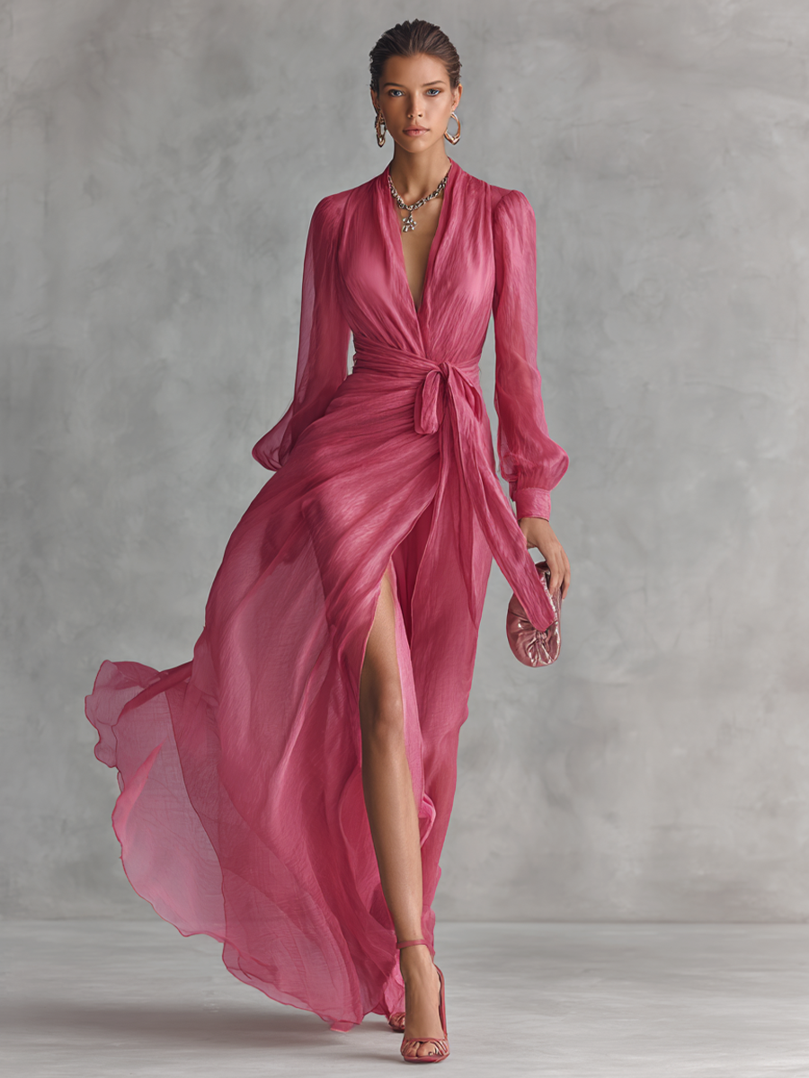 Talia | Women's Pink Wrap Longsleeve Dress